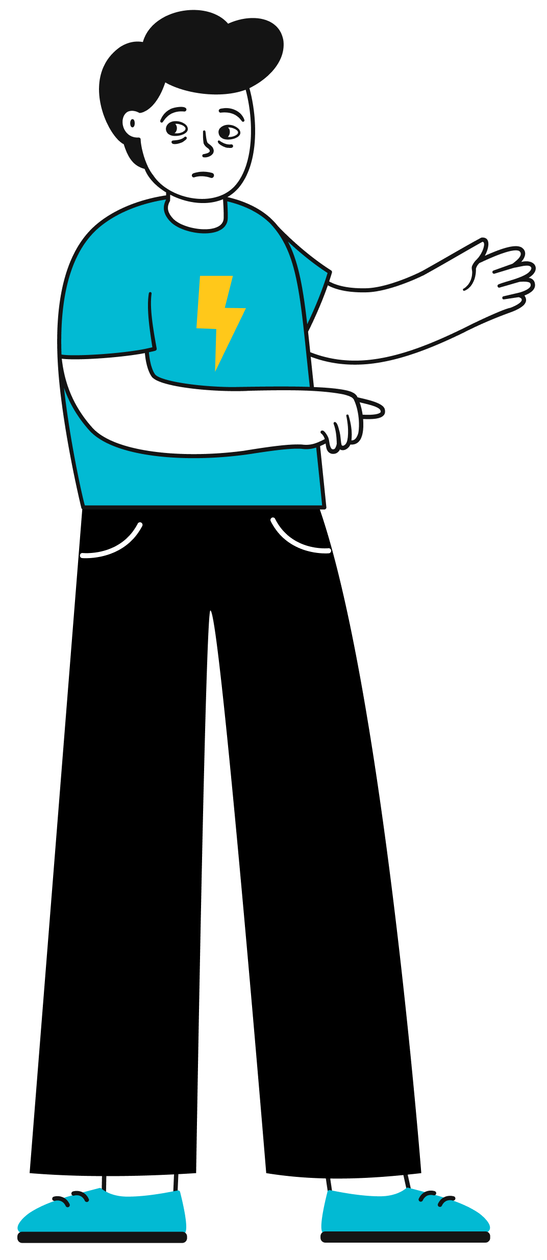 Person in cyan shirt with lightning bolt explaining